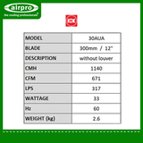 KDK Wall Mount Exhaust Fan (non-reversible) Model: 30AUA