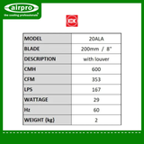 KDK Wall Mount Exhaust Fan (non-reversible) Model: 20ALA