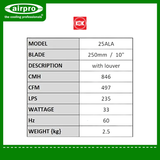 KDK Wall Mount Exhaust Fan (non-reversible) Model: 25ALA