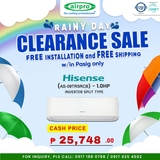 UNTIL SUPPLIES LAST!!! HISENSE 1.0 HP SPLIT TYPE I NVERTER AS-09TR5RCBI (supply & 1st 10FT installation)