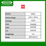 KDK Wall Mount Exhaust Fan (reversible) Model: 30RLA