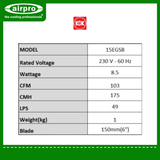 KDK Exhaust Bathroom Fan, Model: 15EGSB