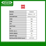 KDK Wall Mount Exhaust Fan (non-reversible) Model: 15AAQ1
