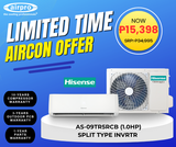 UNTIL SUPPLIES LAST!!! HISENSE 1.0 HP SPLIT TYPE I NVERTER AS-09TR5RCBI (UNIT ONLY-CASH PAYMENT)