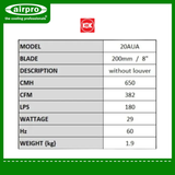 KDK Wall Mount Exhaust Fan (non-reversible) Model: 20AUA