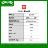 KDK Wall Mount Exhaust Fan (non-reversible) Model: 25AUA