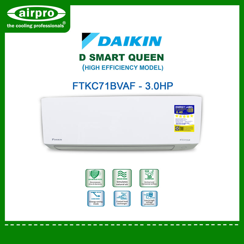 DAIKIN D-SMART QUEEN 3.0HP SPLIT TYPE INVERTER FTKC71BVAF (UNIT ONLY)